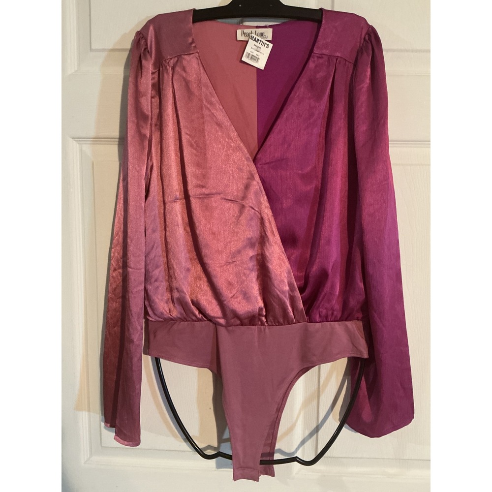 NWT Peach Love California Womens Colorblock Bodysuit Purple Mauve Long Sleeve Lg